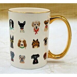 Anthropologie Rifle Paper Co Porcelain Coffee Mug Hot Dogs Gilded Handle & Lid